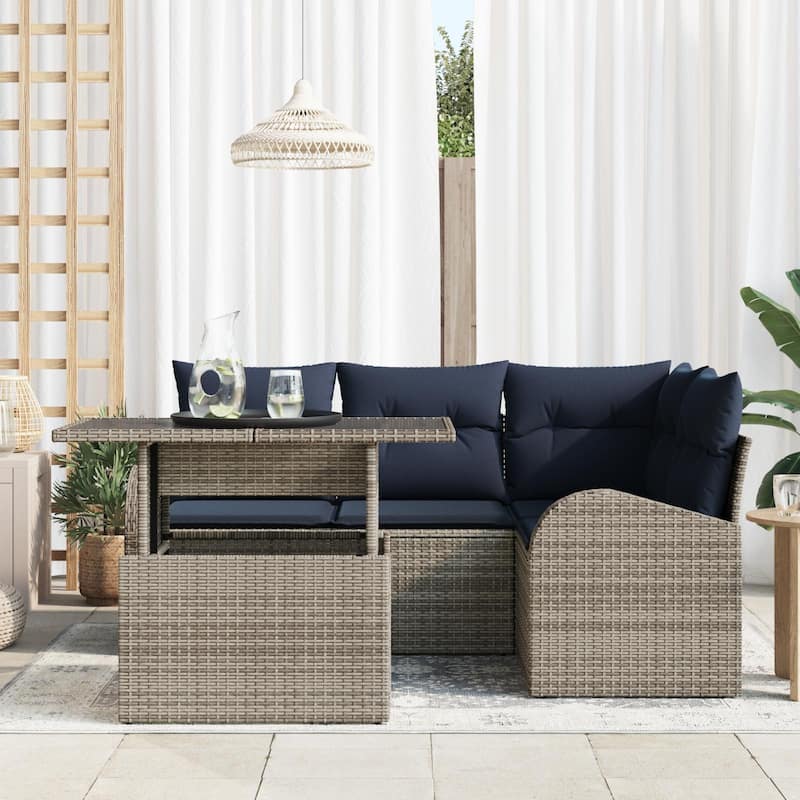 vidaXL 5 Garden Sofa Set with Cushions Black/Brown/Grey Poly Rattan - 69.9 x 48.2 x 27.2