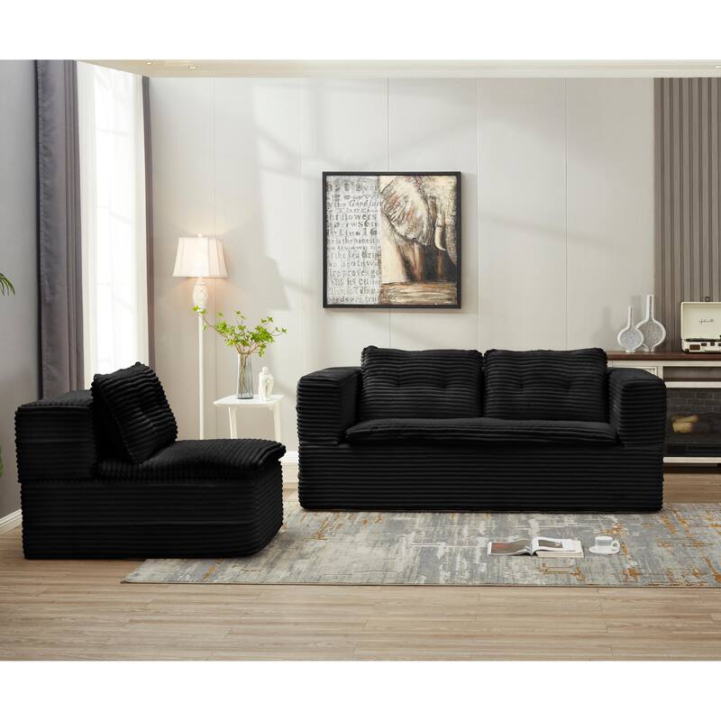 Convertible Floor Sofa Bed with Chaise Lounge, Corduroy 3-in-1 Sofa, Sofa to Bed with Dual-Purpose Blanket, No Assembly Required