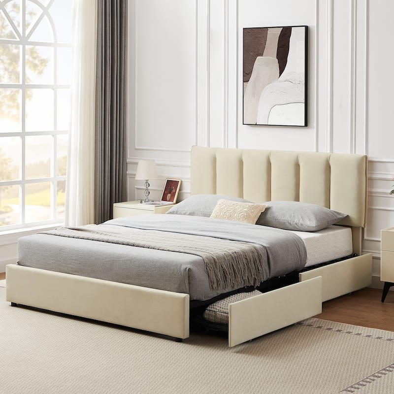Javlergo Bed Frame with Storage Drawers, Upholstered Platform Bed Frame with Adjustable Headboard - Beige - Full