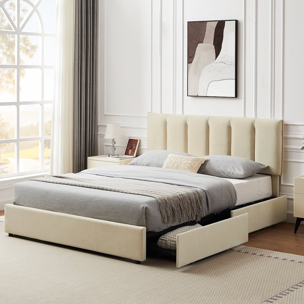 Javlergo Bed Frame with Storage Drawers, Upholstered Platform Bed Frame with Adjustable Headboard