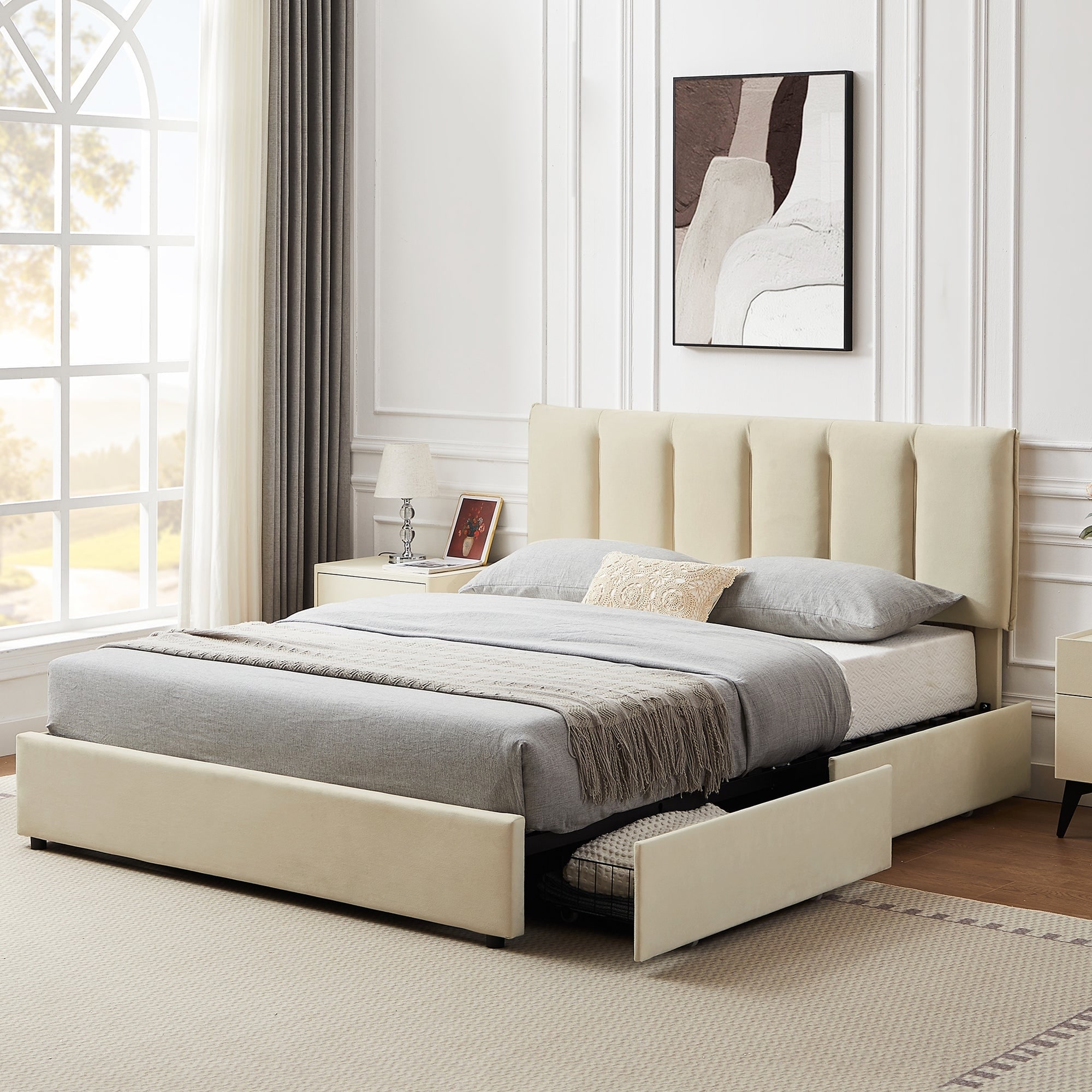 Javlergo Bed Frame with Storage Drawers Upholstered Platform Bed Frame with Adjustable Headboard
