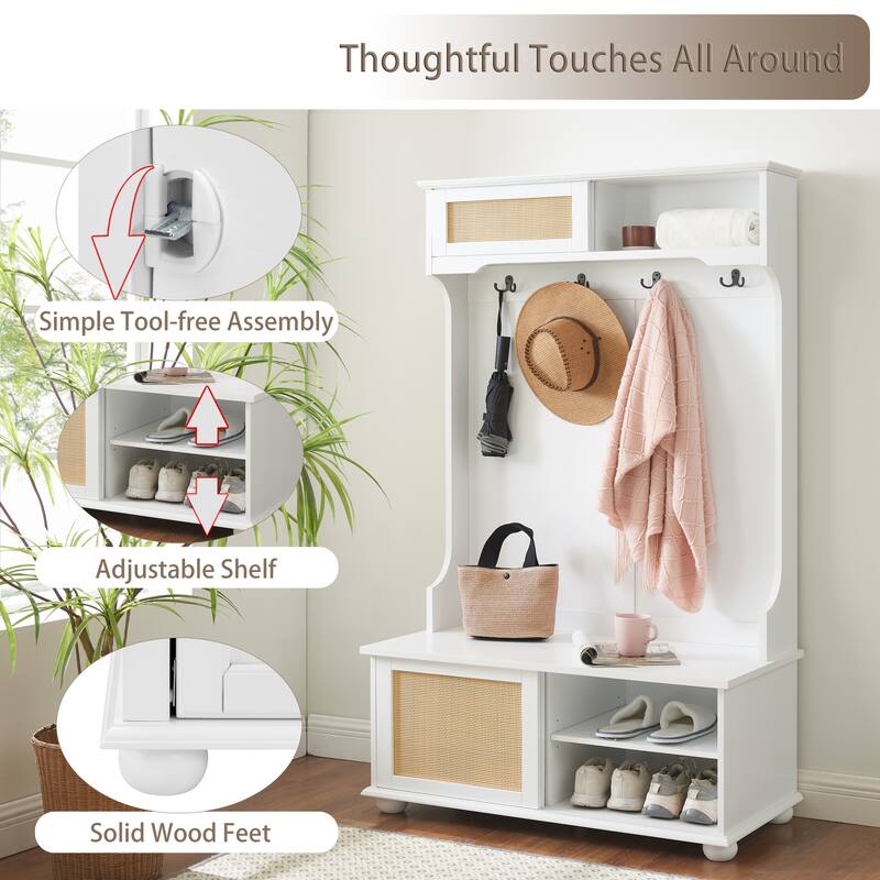 Clothes Hanger Hall Tree Storage Bench Shoe Rack with Rattan Door for Entryway