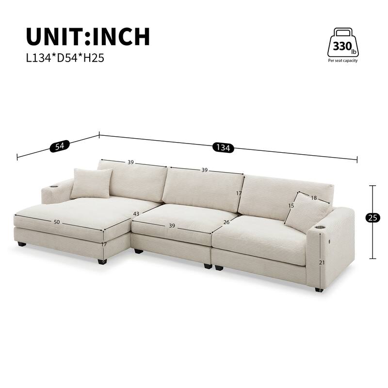 134" Corduroy Sectional Sofa with L-Shaped Cloud Couch and USB Charging & 50" Chaise (330lb Capacity)