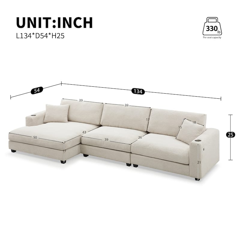 134x54x25" Oversized Corduroy Sectional Sofa, L Shaped with USB, Cup Holder, 3 Colors, Beige
