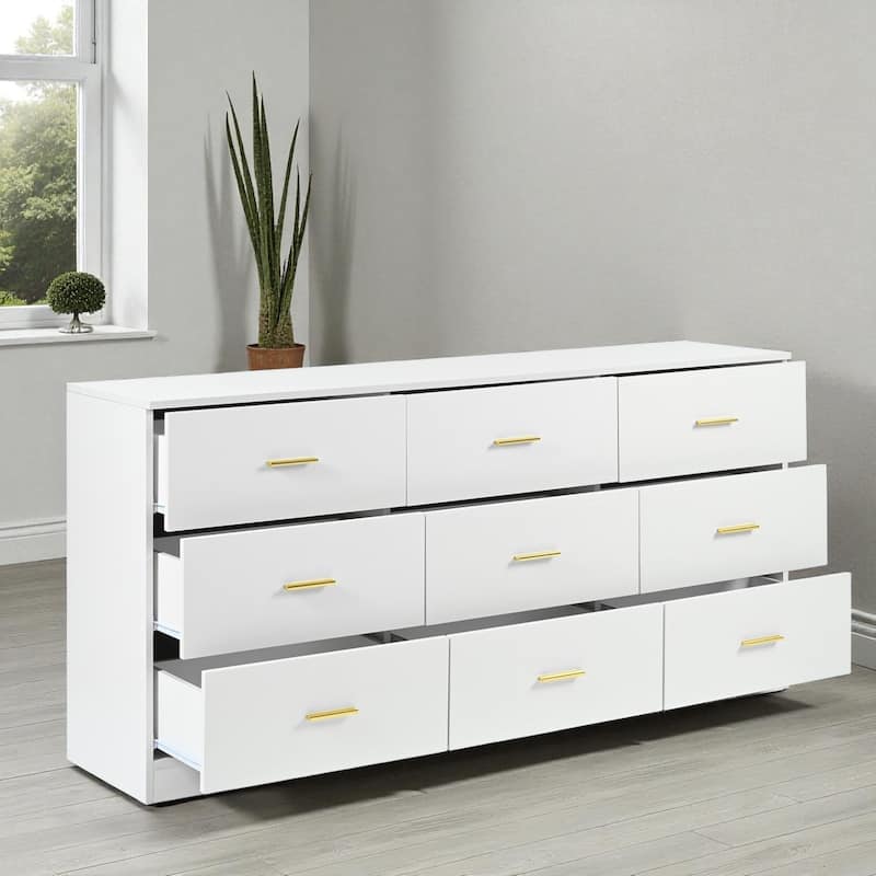 Modern 9-Drawer Dresser Wide Bedroom Chest Engineered Wood Storage Cabinet with Golden Handles and Ample Space