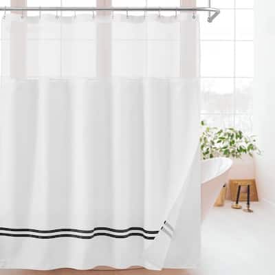 2 Satin Accent Stripes Shower Curtain with Snap-in Liner, 12 Hooks Included, Mesh Window