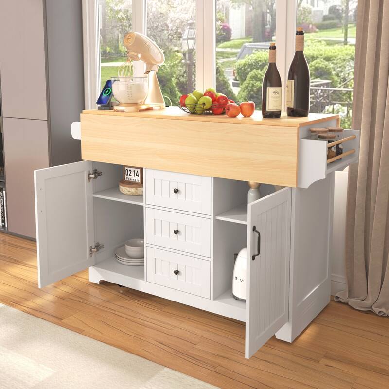 Rolling Kitchen Cart on 5 Wheels with Power Outlet, Folding Storage Dining Table with Spice & Towel Rack