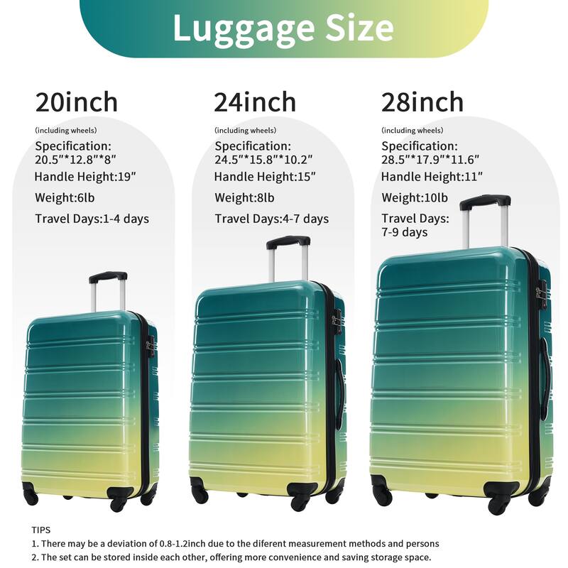 3-Piece, 20, 24, 28-Inch Modern Luggage Sets, Gradient Expandable Luggage with TSA Lock, for Boarding Travel, Green + Yellow