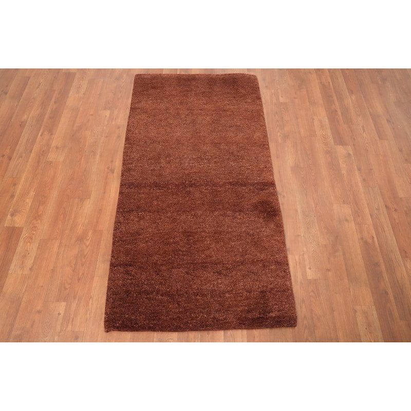 Hand Knotted Oriental 100% Wool Carpet Modern Solid Brown Gabbeh Runner Rug - 4' 7'' X 2' 5''
