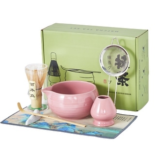 Matcha Whisk Set, 8 Pcs Pink Ceramic & Bamboo Matcha Kit with Ceramic Bowl, Whisk & Scoop, Stainless Steel Sifter