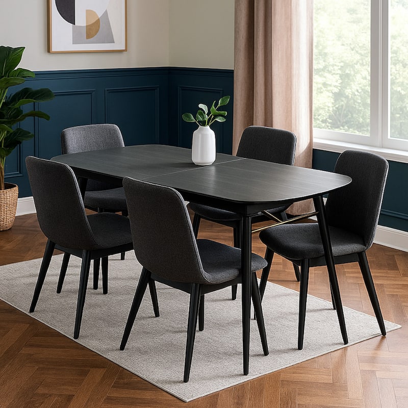 Obround Top Wooden Dining Table with Extendable Leaf, Charcoal Gray