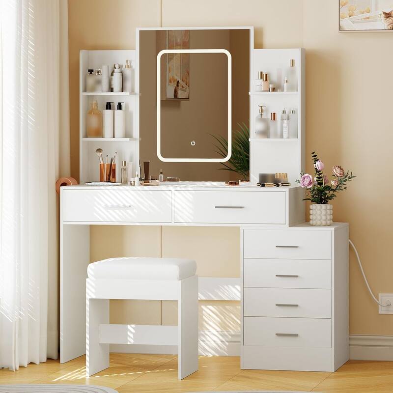 Vanity Desk with Mirror, LED Lights & Power Outlet, Makeup Table with 6 Drawers, 6 Shelves & Stool for Bedroom - White