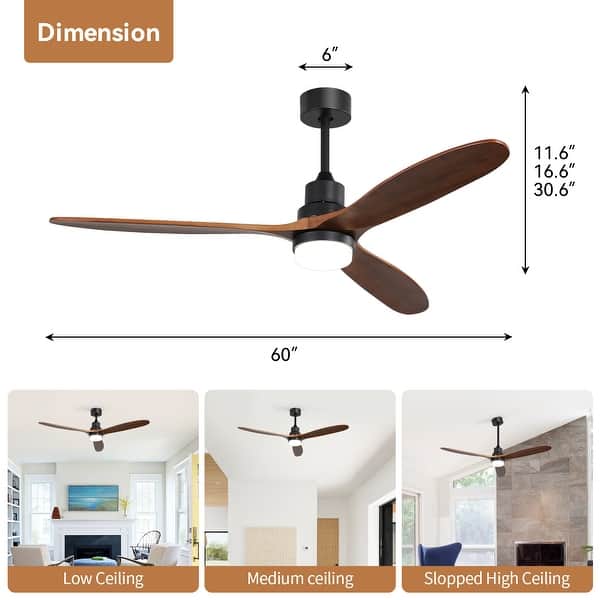 dimension image slide 2 of 29, Sofucor 42"/48"/ 52"/60"Noiseless Walnut Wood Ceiling Fan with Remote Control, Integrated Light Optional