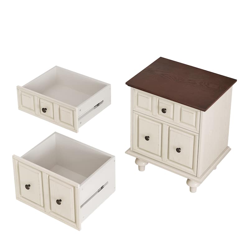 Vintage Nightstand with 2 Drawers and Roman Column Legs, Solid Wood Bedside End Table(Set of 2)