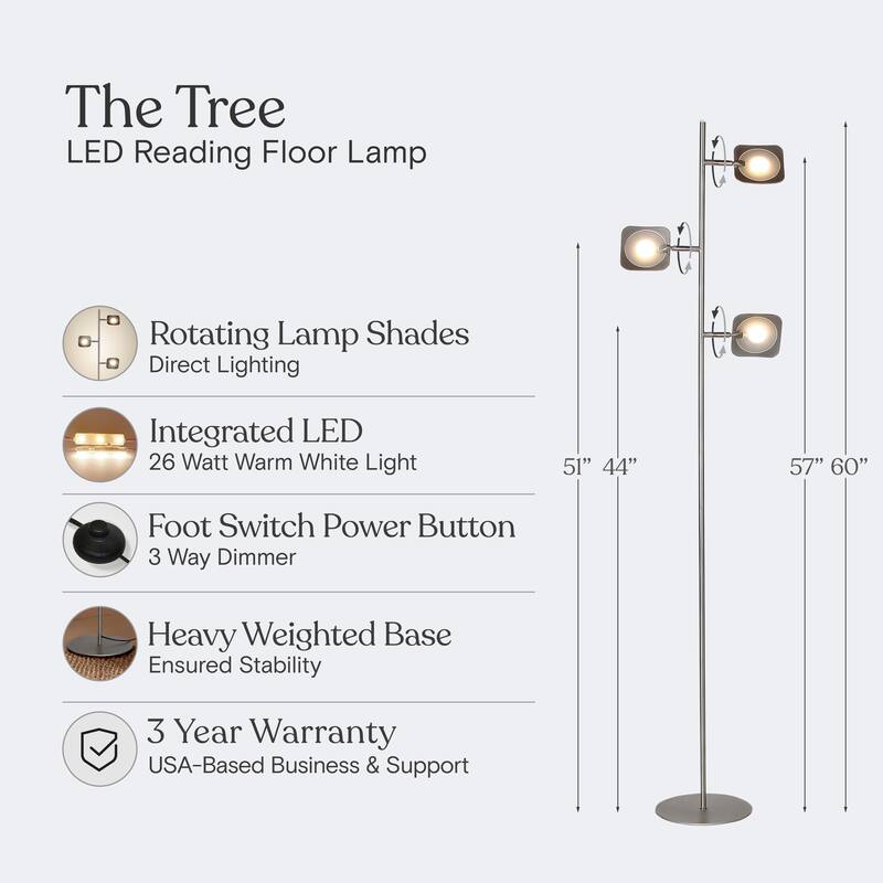 Brightech Tree 60 in. Platinum Silver Industrial 3-Light 3-Way Dimming LED Floor Lamp with 3 Adjustable Spot Lights