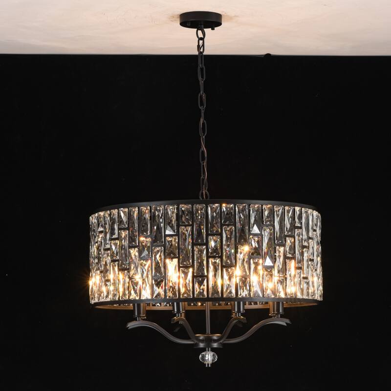 8-Light Modern Glam Black Faceted Crystal Chandelier with Cylinder Drum Shade for Dining Room, Living Room