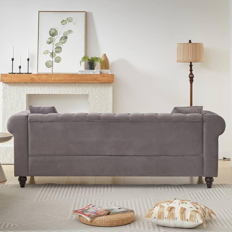 85.5"Living Room With Velvet Chesterfield Sofa With Rolled Arms 3 Seater Sofa With Button Design And 2 Cushions
