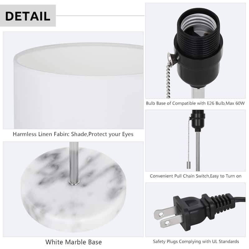Bedside Table Lamp - Small Nightstand Lamp with Marble Base & Fabric Shade