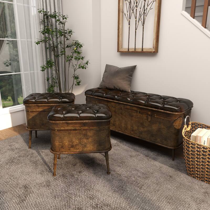Bronze Metal Weathered Room Storage Bench with Dark Brown Tufted Faux Leather (Set of 3)