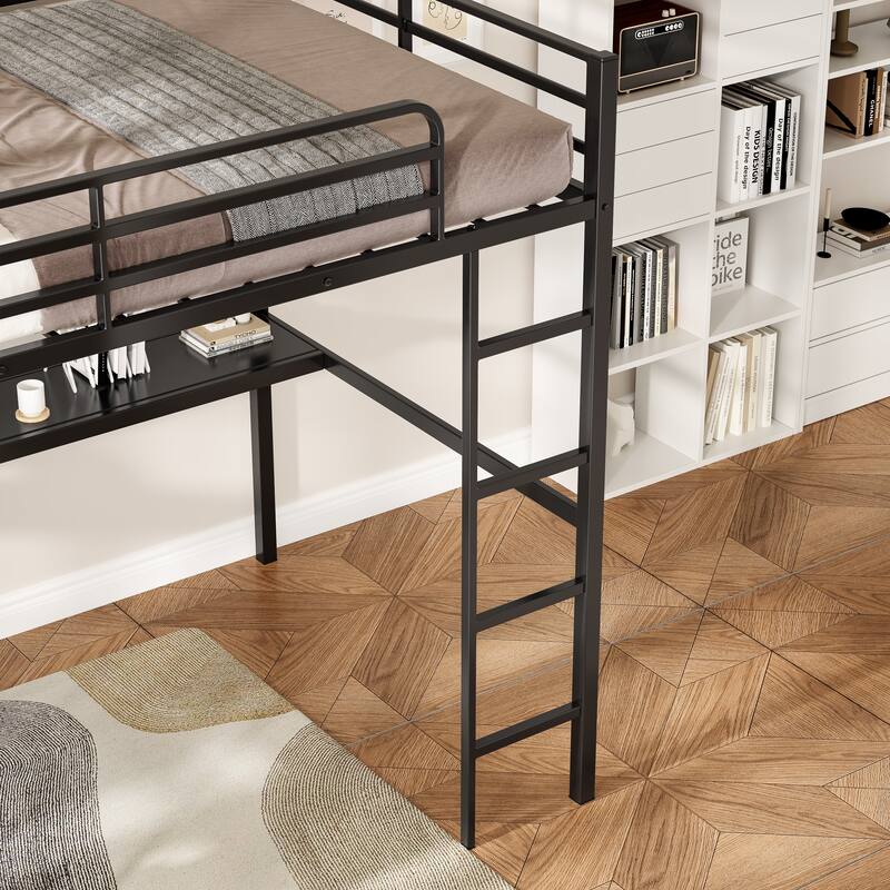 Full Size Loft Bed with Desk & Open Shelves, Heavy Duty Metal Bed Frame with Safety Guardrails & Ladder