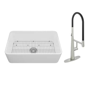 All-in-one Farmhouse/Apron-Front Single Bowl Fireclay Kitchen Sink in Glossy White with Kitchen Faucet, Grid, and Strainer