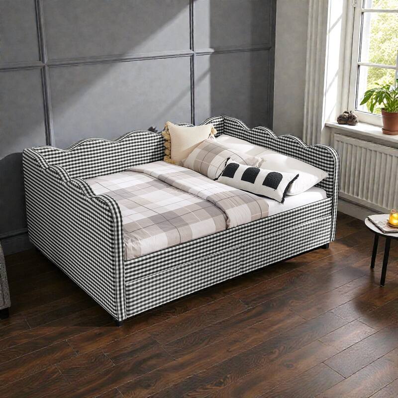 Full Size Gingham Upholstered Daybed with USB Port, Two Storage Drawers and Wave Shaped Design