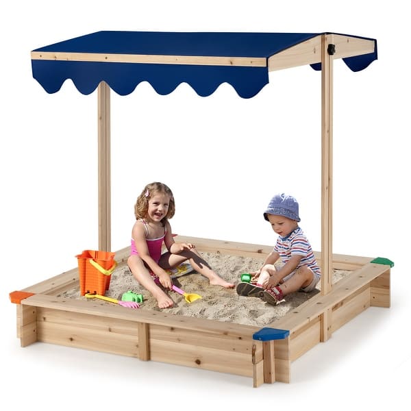slide 2 of 10, Costway Kids Wooden Sandbox with Height Adjustable & Rotatable Canopy - See Details Natural - See Details