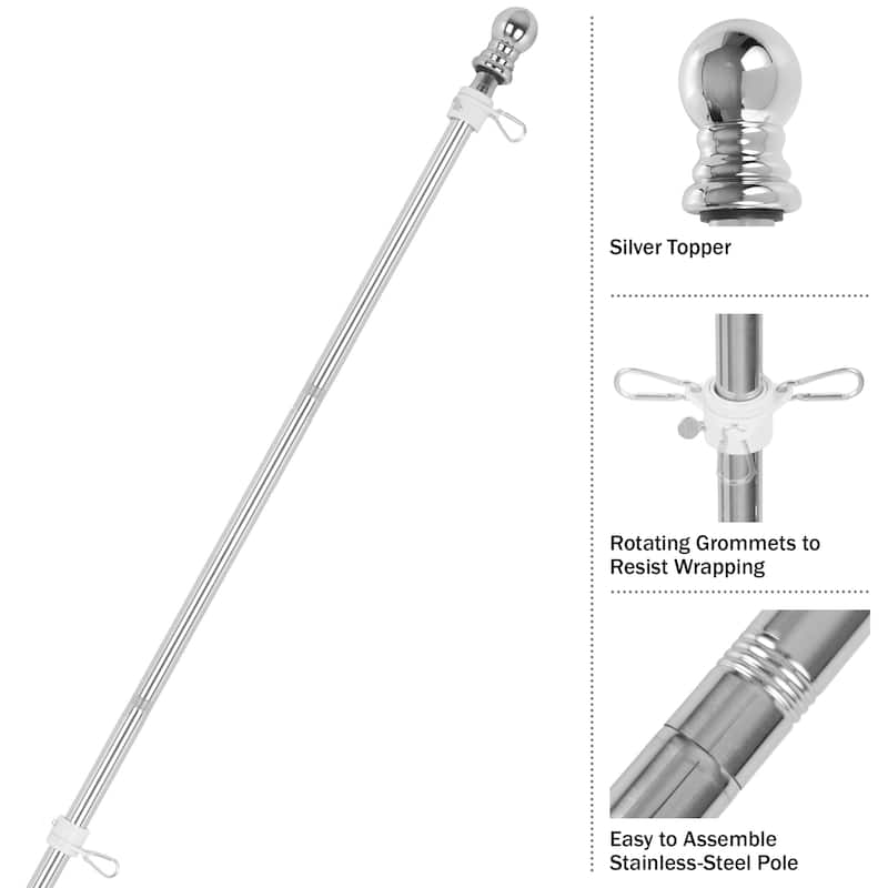 6ft Flag Pole Kit - Stainless-Steel Flagpole with Rotating Rings to Prevent Tangles by Pure Garden (Silver)