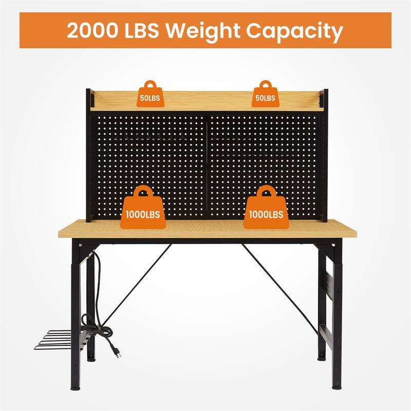 48" Adjustable Workbench w/ Pegboard, Wheels, Outlets, 1600lb Capacity