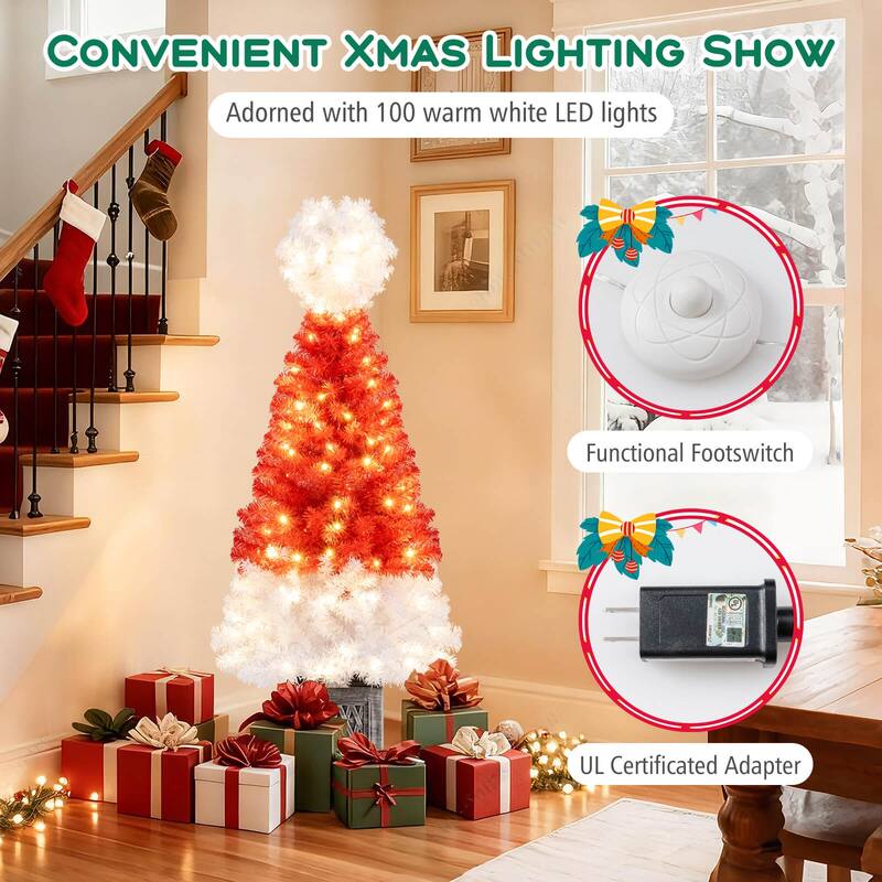 Costway 4 FT Artificial Christmas Tree Santa Hat Xmas Tree with 300 - as pic shows - See Details