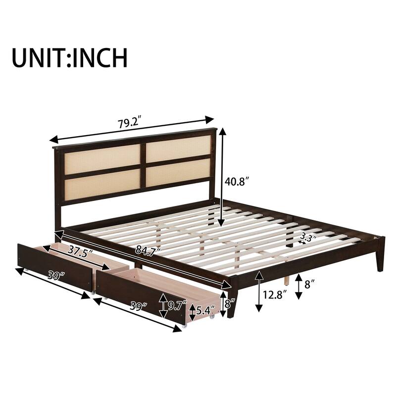 King Size Bed with Rattan Headboard, 2 Under-Bed Storage Drawers, Solid Rubber Wood Frame with Enhanced Support