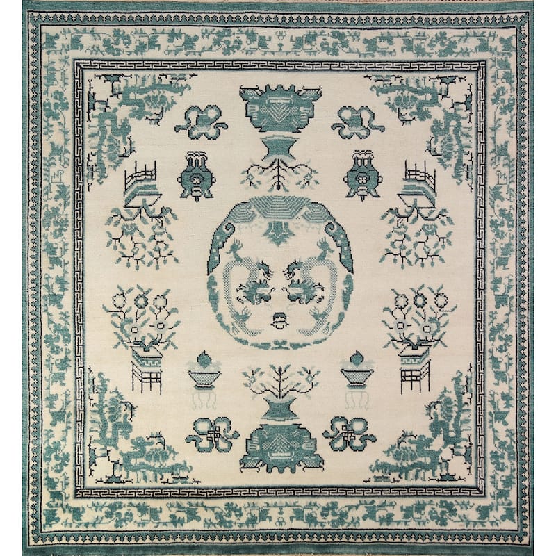 Art Deco Oriental Square Rug Handmade Wool Carpet - 8'1" x 7'11"