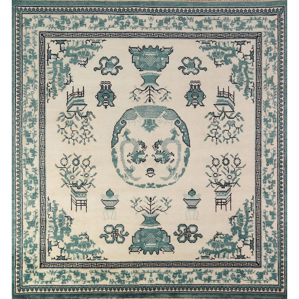 Art Deco Oriental Square Rug Handmade Wool Carpet - 8'1" x 7'11"