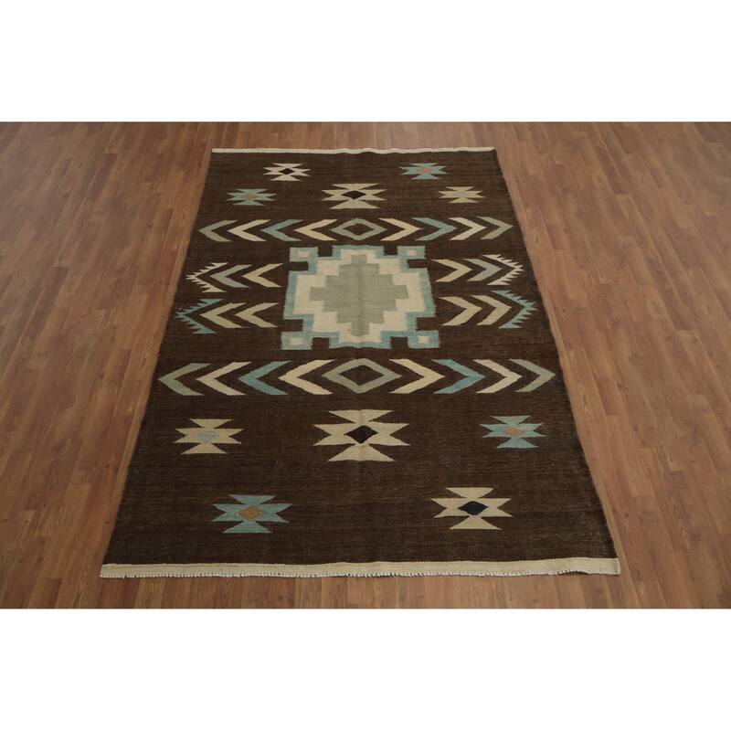 Hand Woven Oriental 100% Wool Carpet Southwestern Tribal Brown Kilim Area Rug - 8' 4'' X 5' 6''