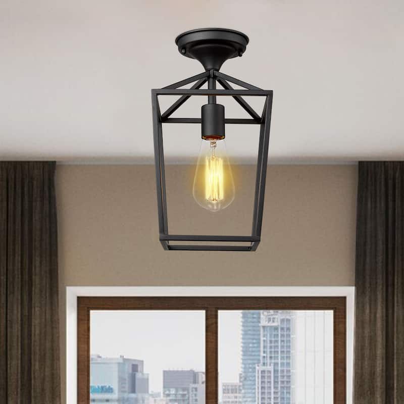 Black Metal 12.9" Caged Semi Flush Mount Ceiling Lighting
