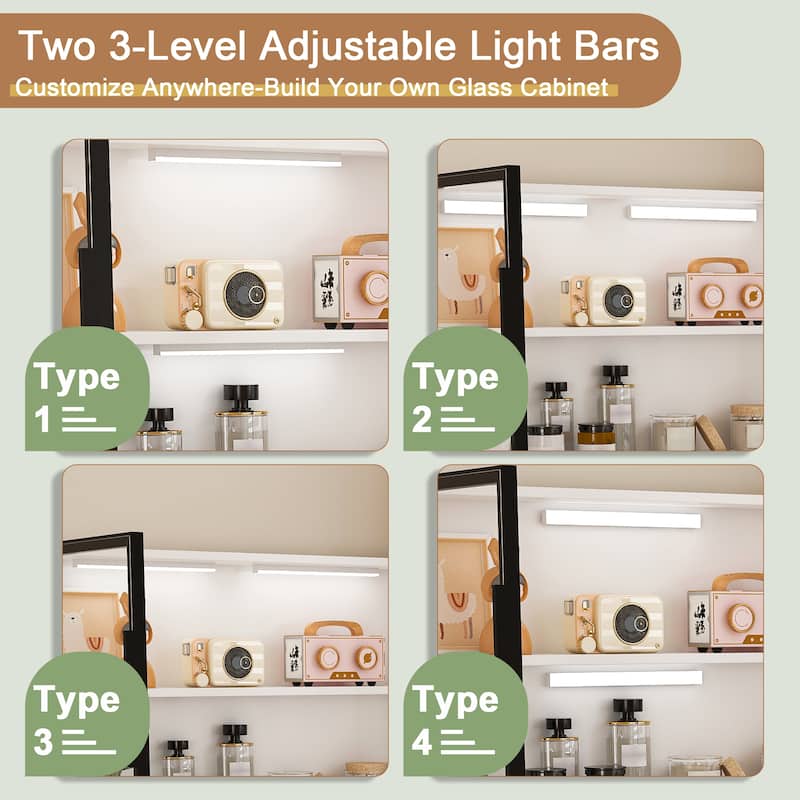 Computer Desk with Glass Cabinets & Built-In LED Lights, Corner L-Shaped Office Desk with USB Charging Ports, Keyboard Tray