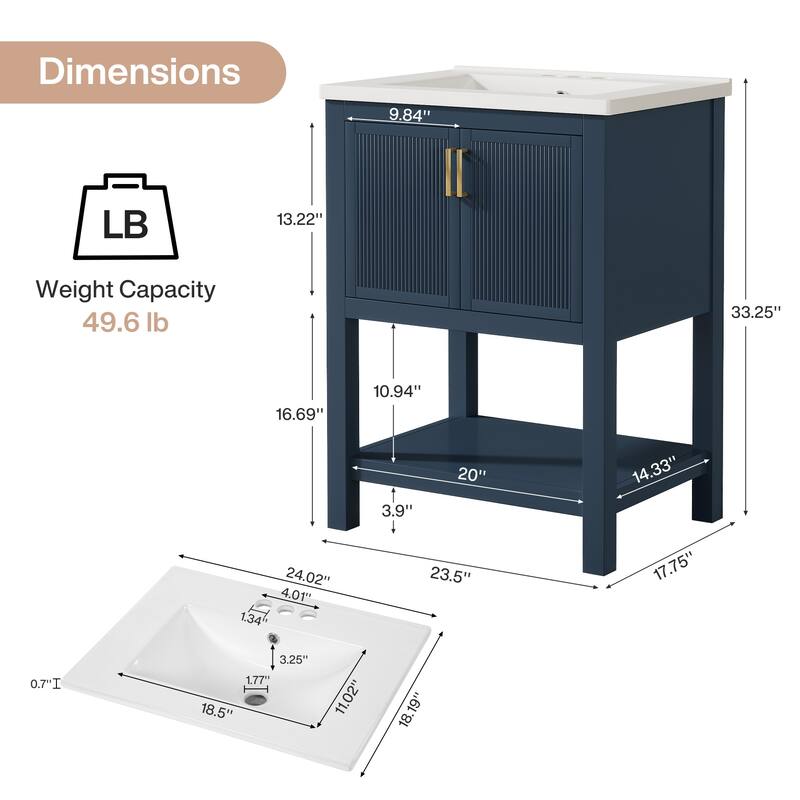 23.5 Inch Single Bathroom Vanity With Ceramic Top, Sink Included