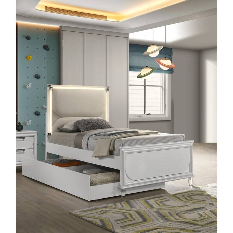 Pearl White Full Size Bed with LED Headboard and Embossed Panels, Contemporary Glam Style