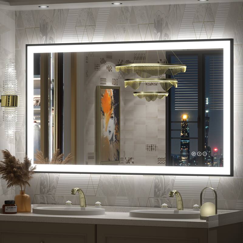 Front & Back LED Anti-Fog Tempered Glass Framed Bathroom/Vanity Mirror 3-Year Warranty - 48" x 28"-Square Corner - Black