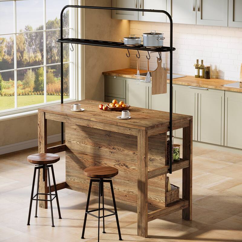 47 Inch Farmhouse Solid Wood Kitchen Island with Storage and 5 Hooks - 23.62" D x 47.24" W x 70.08" H