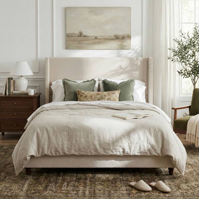 Christopher Knight Home - Modern 52.7" Tall Wingback Boucle Upholstered Platform Bed Frame with Solid Wood Legs & Slat Support