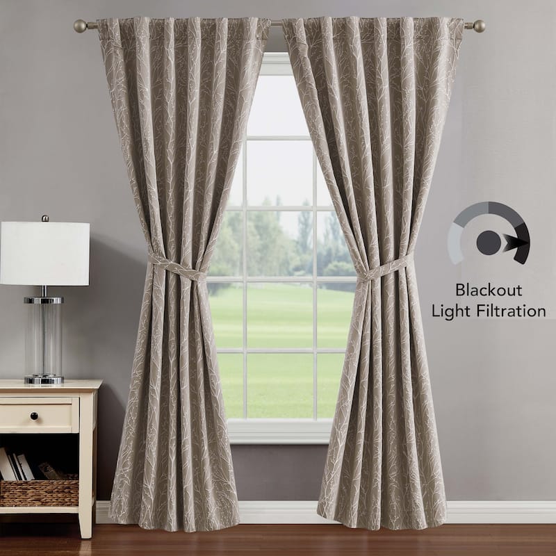 Creative Home Ideas Collins Blackout Window Curtain, Room Darkening, Thermal Insulated, Branch, Back Tab, 2 Panels, 2 Tiebacks