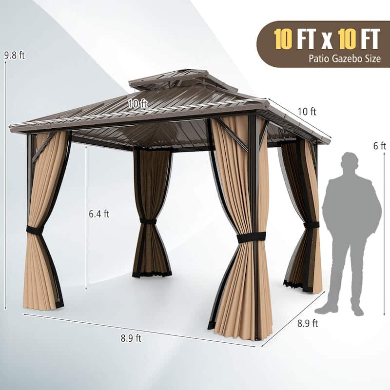 Costway 10 x 10 FT Hardtop Gazebo with Netting Heavy-Duty Double-Roof - Coffee