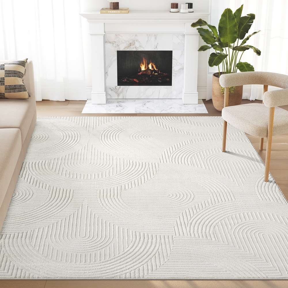 Abani Neutral NTL160A Cream Tone-on-Tone Semi-Circle Lines Area Rug