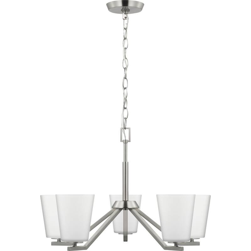 Vertex Collection Five-Light Brushed Nickel Etched White Contemporary Chandelier - 22.5 in x 22.5 in x 15.25 in