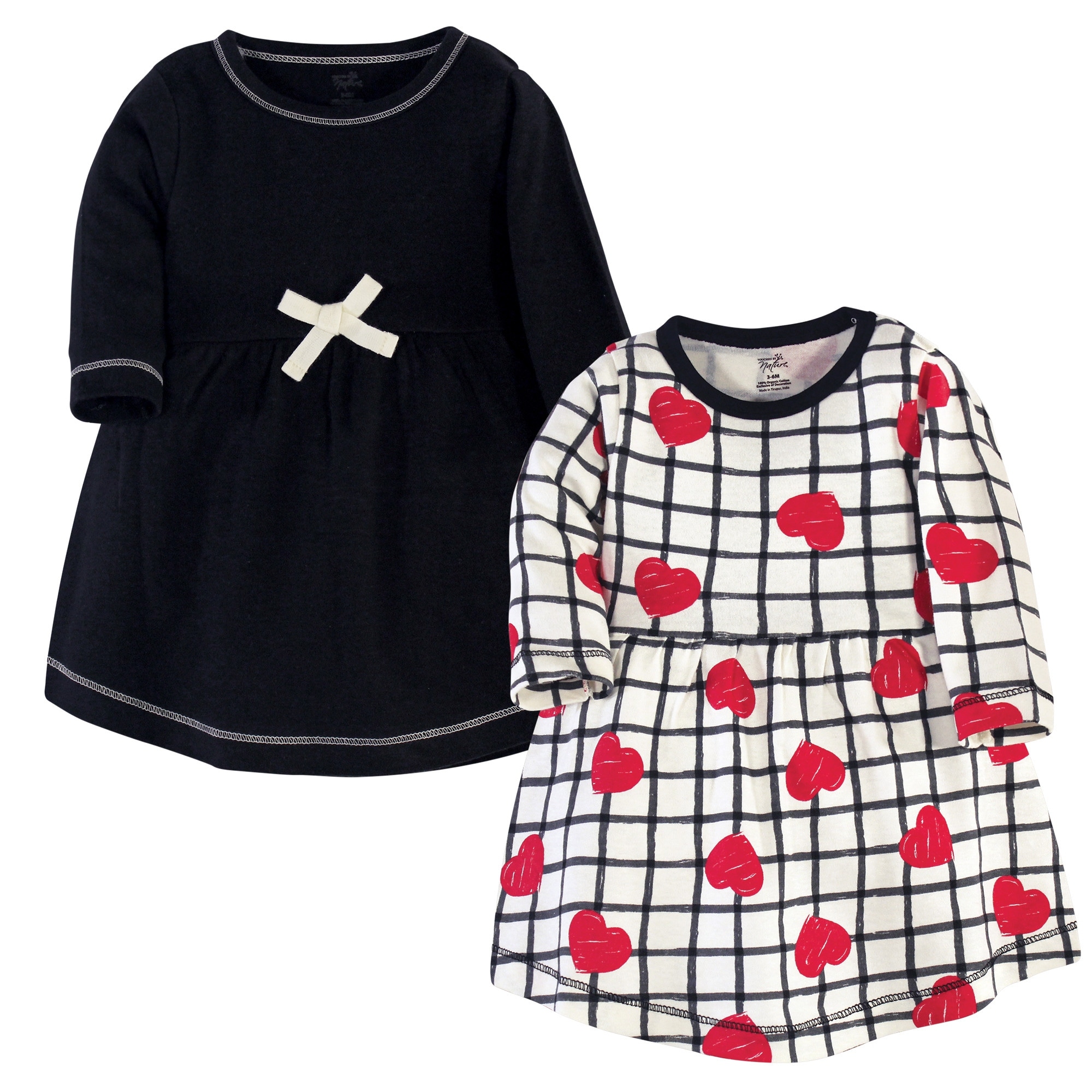 Touched by Nature Baby and Baby Girl Organic Cotton Long-Sleeve Dresses 2pk, Black Red Heart