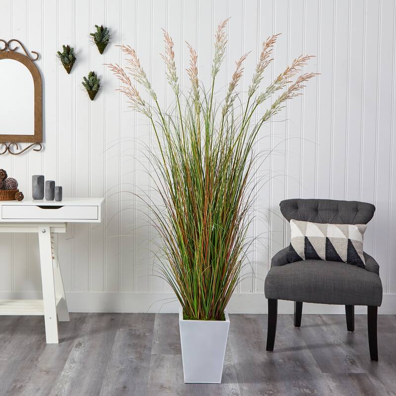 Artificial Grass Plant 74In Indoor Outdoor Decor White Planter - Green