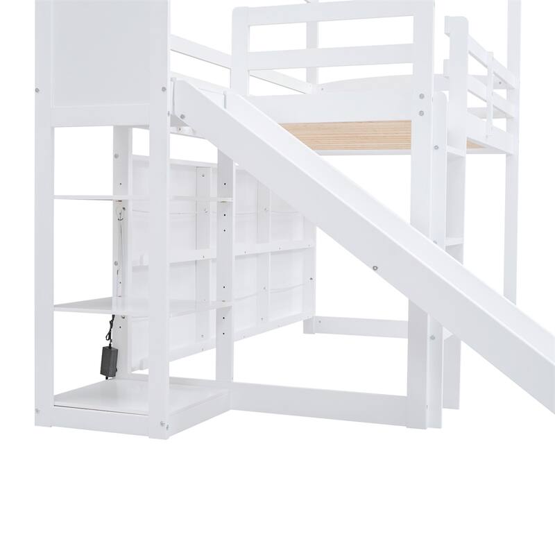 Twin Size Wood Loft Bed with Slide and Storage Shelves
