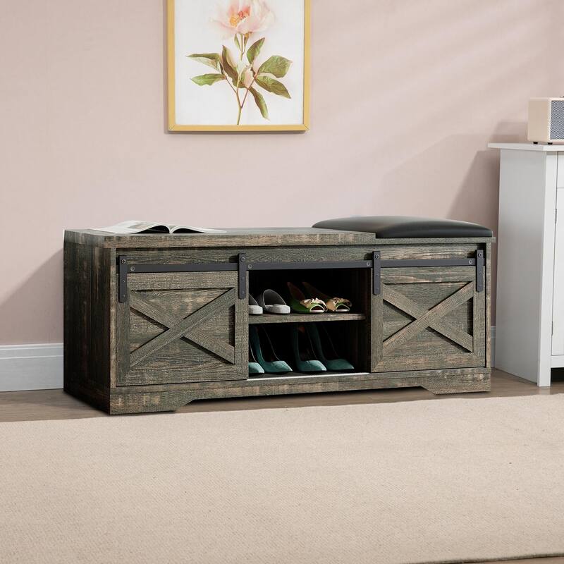 Vintage Farmhouse Style Wooden Storage Bench with Sliding Doors - Old Pine