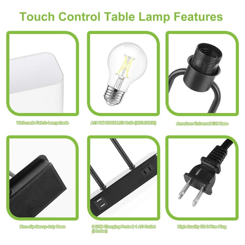 Bedside Touch Control Table Lamp with Dual USB Charging Ports 1 AC Outlet, 3 Way Dimmable Modern Nightstand Lamp